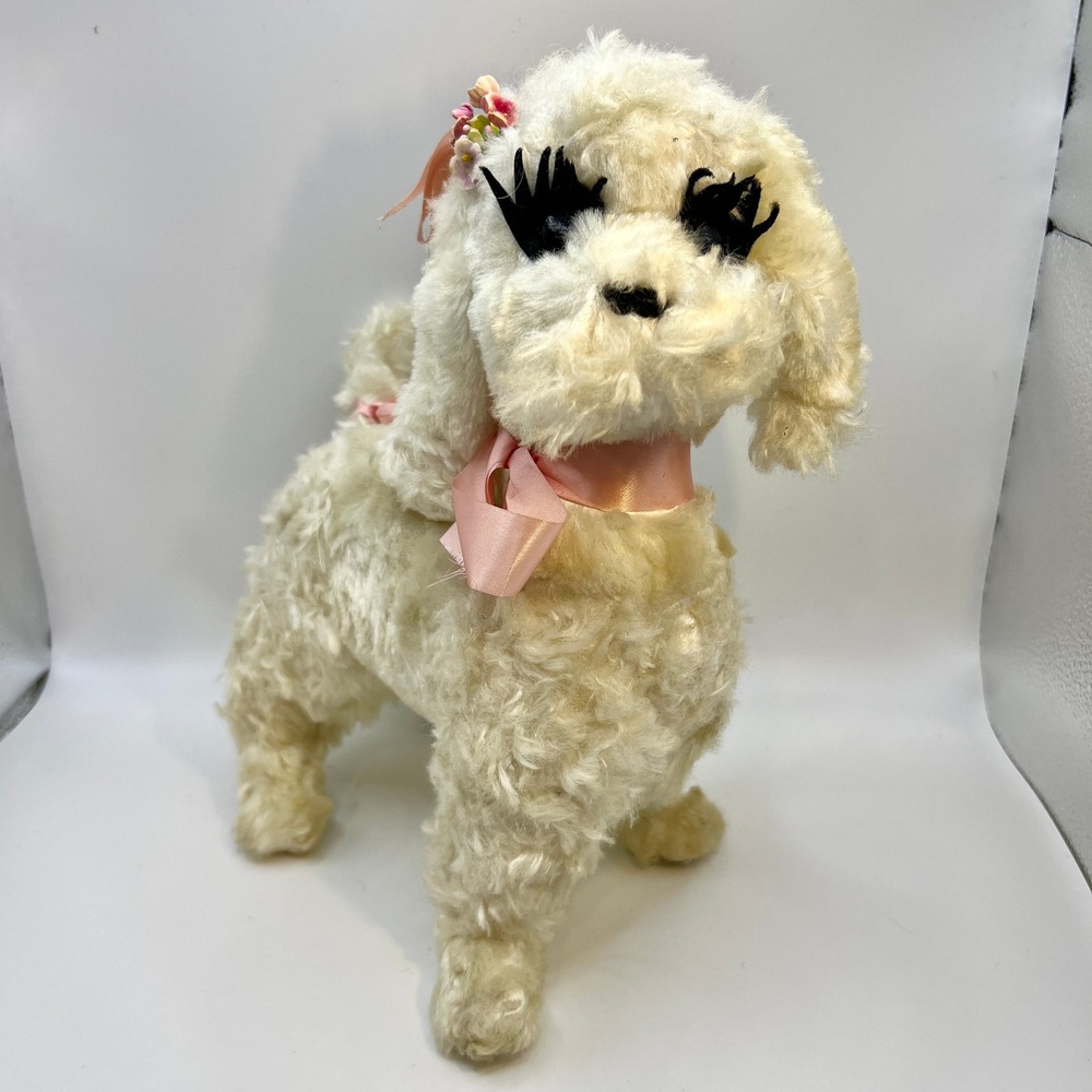 Vintage 1950s Stuffed White Poodle Dog, Rushton Company,‎ Atlanta, GA Pink Bow
